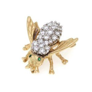 Vintage 1.00ct Diamond Emerald 14k Gold Bee Brooch